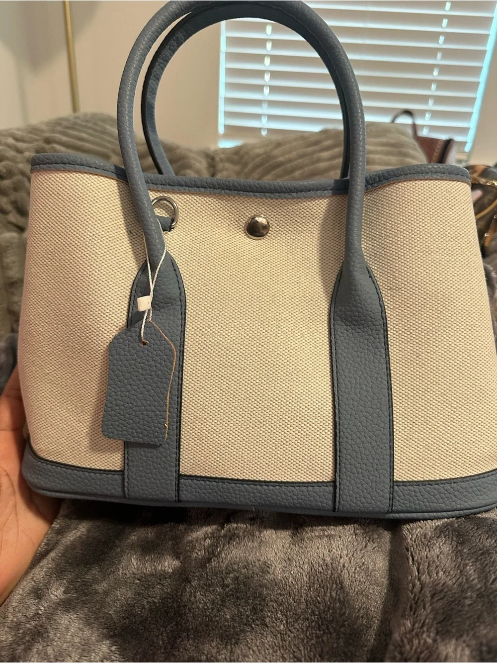 Canvas Tote Handbag with Blue Trim